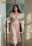 Blush embroidered off-shoulder dress with lace ruffle neckline and flowing tiered hem