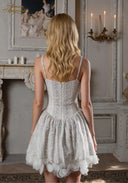 Blue printed ballet dress, crisscross spaghetti straps at back, gathered tiered skirt, lace