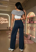 High-waisted straight-leg yoga pants in navy blue, full-length straight fit
