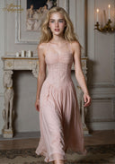 Blush pink lace bodice rose gown with spaghetti straps and flowing gathered skirt