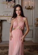 Pink halter gown with beaded bodice and tassel fringe, long pleated skirt