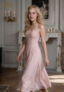 Blush pink spaghetti-strap lace gown with sweetheart neckline and gathered waist