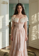 Peach blush off-shoulder embroidered dress with corset bodice and lace-trim ruffles