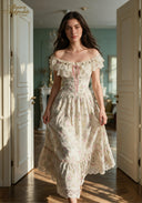 Cream floral off-shoulder dress with ruffled neckline, lace-trim hem and pink ribbon