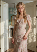 Floral print ruffle-sleeve dress with tiered skirt and square neckline, fitted bodice