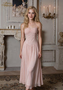 Blush pink rose lace gown with thin straps and long flowing skirt, front view