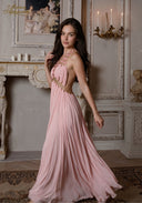Étoile de Cristal gown in pink pleated fabric with halter neckline and gold beaded waist