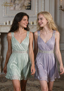Sleeveless V-neck babydoll dress with beaded waist, mint green and lavender