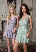 Sleeveless V-neck babydoll dress with beaded waist belt, lavender and mint green