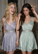 V-neck satin babydoll dresses with beaded waist detail, lavender and mint green
