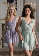 V-neck satin babydoll dress with beaded waist, flowy skirt in lavender and mint green