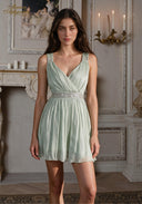 Sleeveless V-neck satin babydoll dress with beaded waist detail, mint green