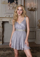 Sleeveless V-neck satin babydoll dress with beaded waist, flowy skirt in lavender