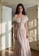 Blush embroidered off-shoulder dress with lace ruffle sleeves and tiered skirt