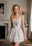 Light blue sleeveless ballet dress with gathered square neckline, bow tie waist, lace-trim hem
