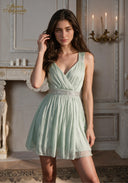 Sleeveless V-neck babydoll dress with beaded waist, mint green with pleated skirt