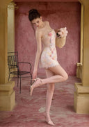 Fleur de Minuit mini dress with strapless-like sweetheart neckline and lace hem detail