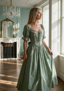 Green puff-sleeve midi dress with floral embroidery at bodice and gathered skirt