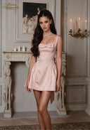 Rose satin bow mini dress with sleeveless square neckline and fitted waist