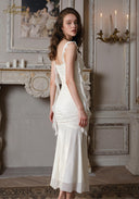 Ruched satin slip dress with spaghetti straps and cowl neckline, side drape on back profile