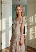 Floral print ruffle dress with puff sleeves, square neckline, and tiered layered skirt