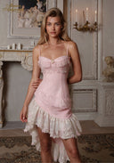 Pink lace mini slip dress with frilled hem and gathered bust detail