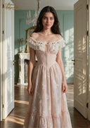 Peach blush off-shoulder embroidered maxi dress with lace ruffle trim and draped ties