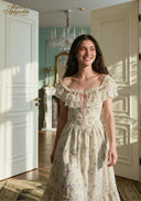 Cream floral off-shoulder dress with ruffled neckline, lace-trim hem and pink ribbon detail