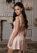 Rose satin mini dress with side bow detail and thin shoulder straps