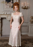 Chérie tulle dress in pale pink, floor-length with lace cap sleeves and tie front.