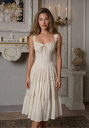 Eloise cutwork dress, cream sleeveless with scalloped neckline and ruched tiered skirt