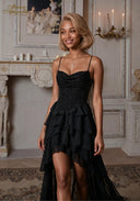 Black sequin spaghetti-strap mini dress with draped bodice and tiered ruffle skirt