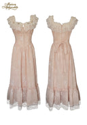 Two-view peach blush embroidered off-shoulder dress: front and back on white