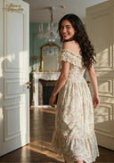 Cream floral off-shoulder dress with ruffled neckline, tiered skirt and lace trim