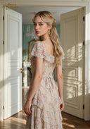 Floral print short-sleeve dress with tiered ruffle skirt and fitted waist detail