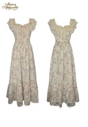 Cream floral off-shoulder dress with lace hem and pink ribbon, tiered skirt