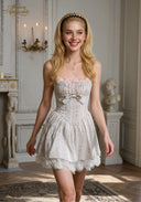 Blue printed ballet dress with spaghetti straps, corset-style bodice, gathered skirt, lace hem