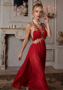 Star of Crystal Gown in red, halter neckline with gold beadwork and fringe, pleated maxi skirt