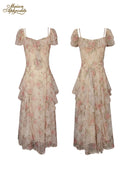 Floral print midi dress, front and back view, with puff sleeves and tiered ruffle hem