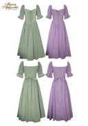 Flat lay of green and lilac puff-sleeve midi dresses with embroidered bodices