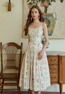 Retro Printed Cotton Waist-Slimming Suspender Dress