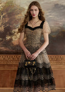 Lace mesh midi dress with dark lace square neckline, puff sleeves, and ruffled tier hem