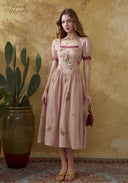 Pink linen maxi dress with short sleeves, floral embroidery, gathered waist