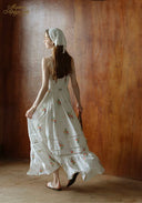 Floral tiered maxi sundress back view with thin straps and tiered skirt