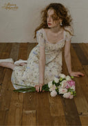 Floral tea dress, light cream with blue/pink print, square neckline, puff sleeves