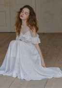 Pear Moon white lace vacation dress with off-shoulder ruffle bodice and full skirt