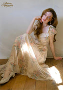 Antique embroidered garden dress, cream floral print, lace yoke, flowing maxi skirt