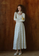 White lace ballet journal dress with long sleeves, off-shoulder neckline, full midi skirt