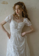 White lace dress, square neckline, short puff sleeves, gathered waist and skirt