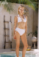 White bikini set, triangle halter top and high-rise bottoms with tie sides